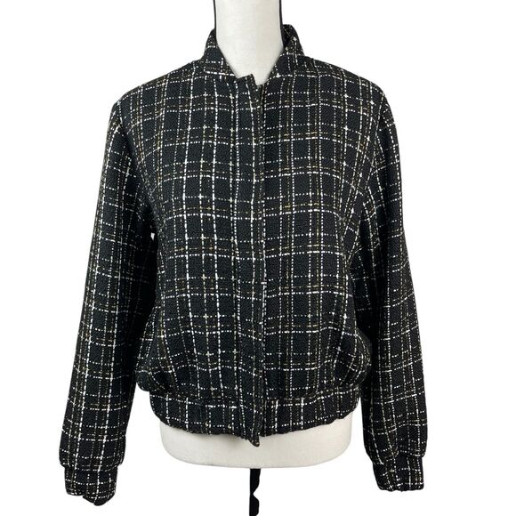 On 34th Women's Tweed Bomber Jacket Small Black Gold Metallic Full Zip Pockets - Picture 1 of 12